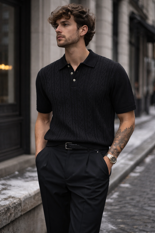 TEXTURED KNIT POLO - BLACK