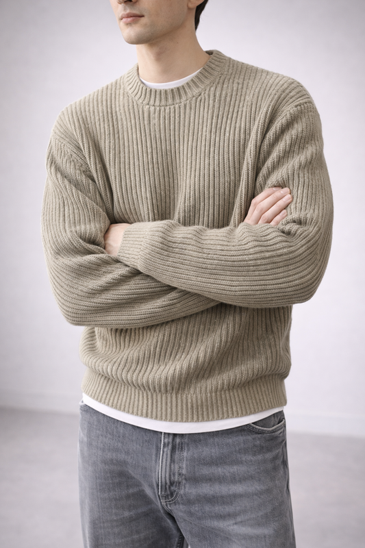 RIBBED CREW NECK KNIT – STONE