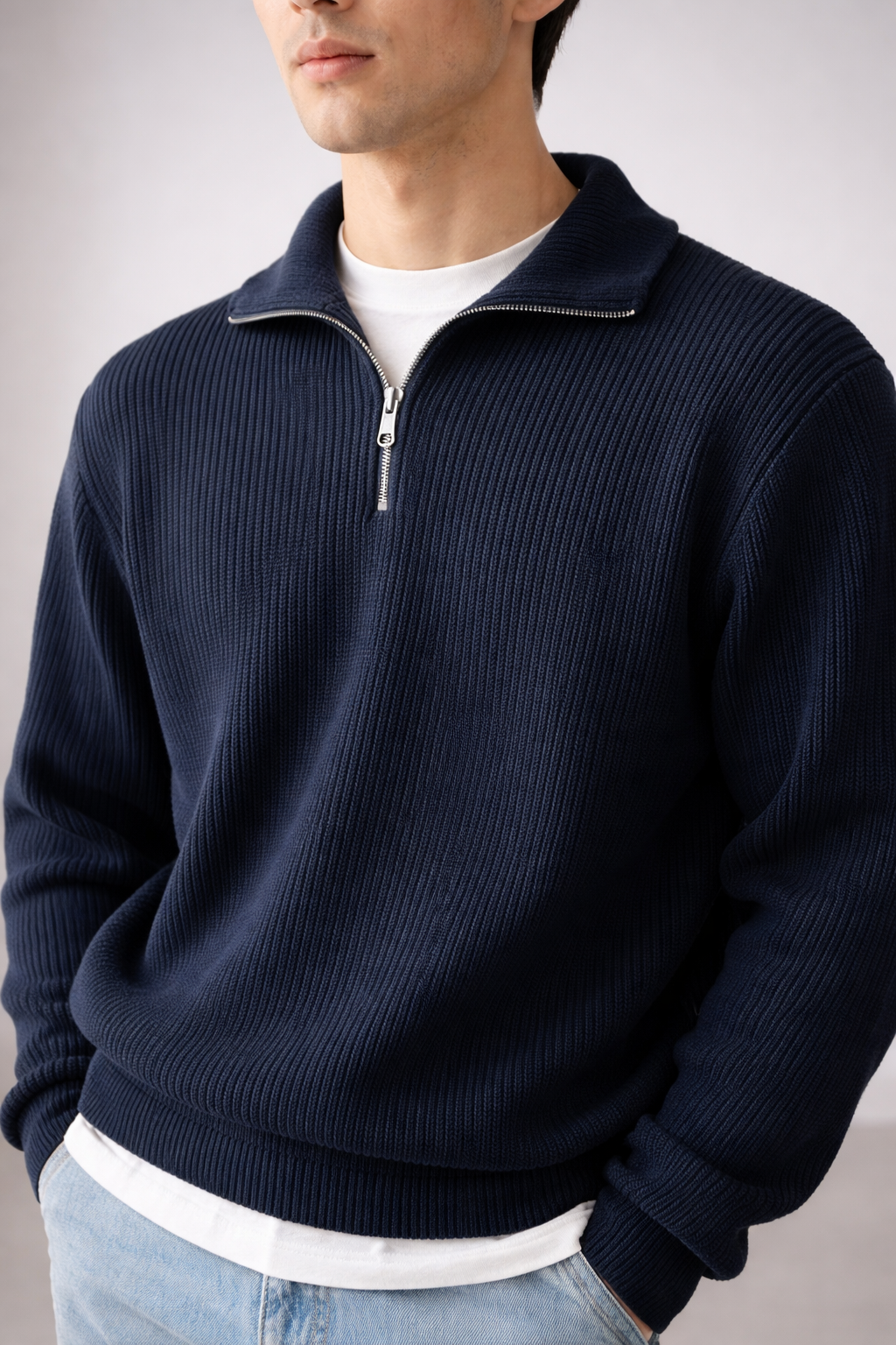 TEXTURED ZIP NECK KNIT – NAVY