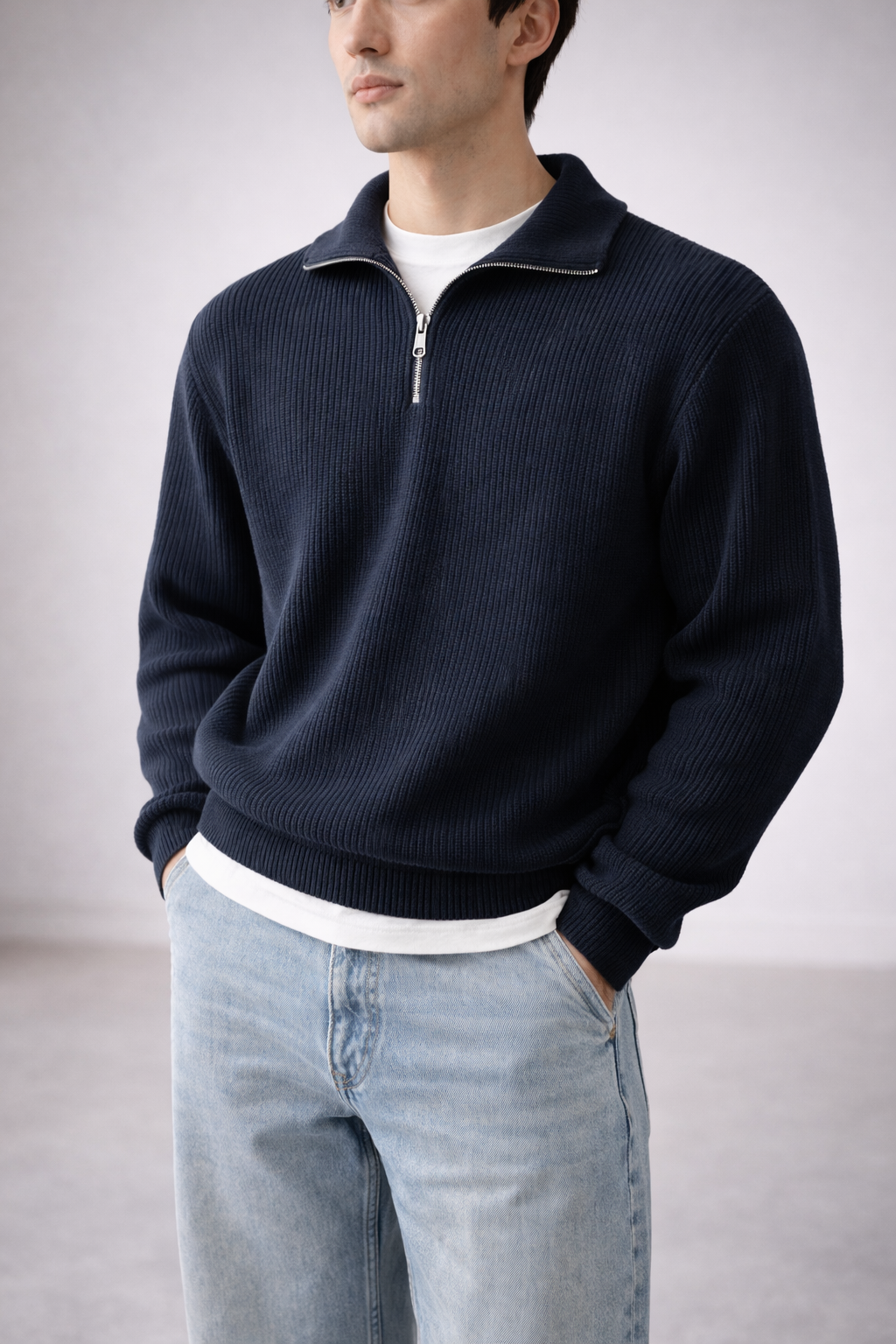 TEXTURED ZIP NECK KNIT – NAVY