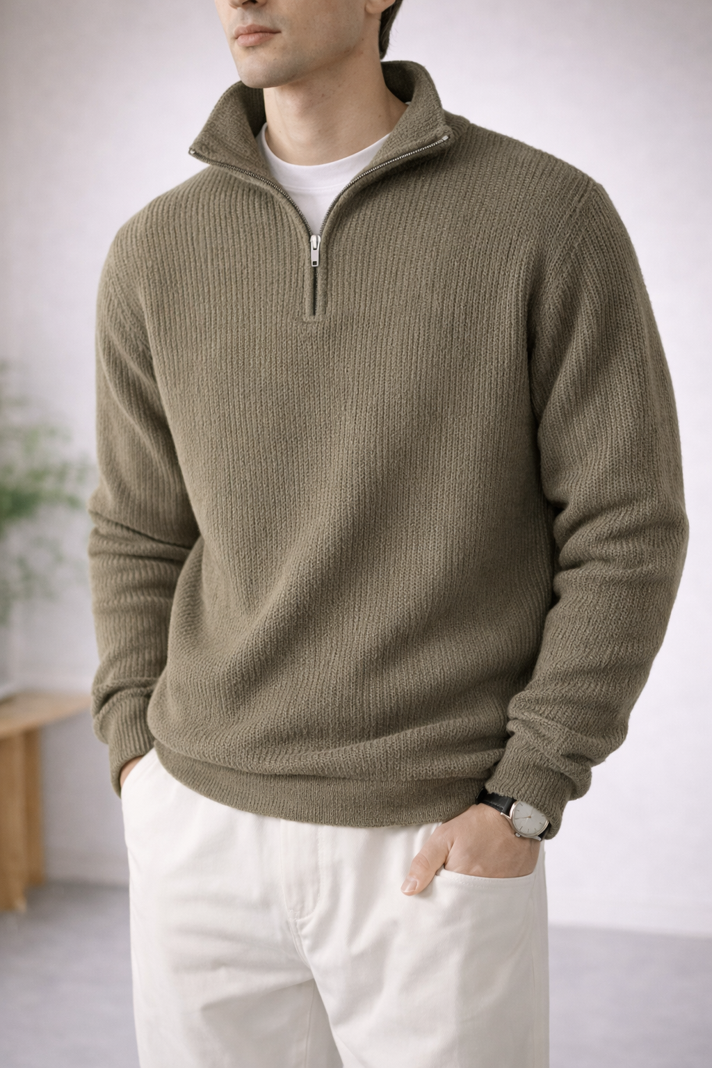 TEXTURED ZIP NECK KNIT – OLIVE