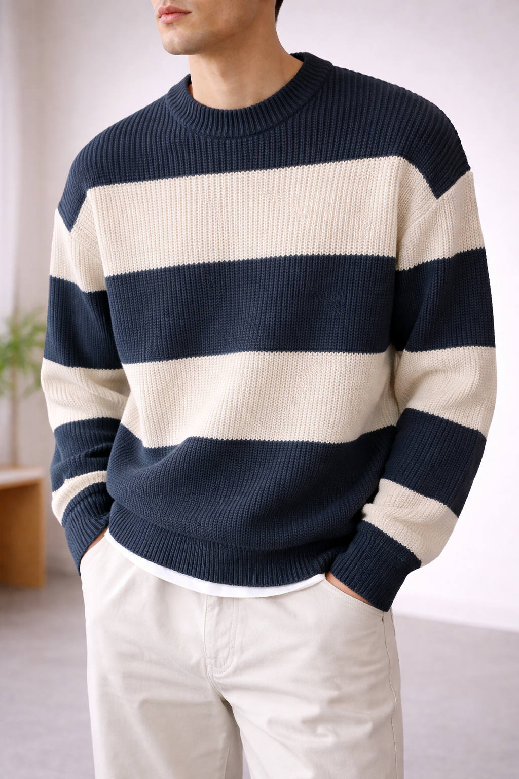 STRIPED CREW NECK KNIT – NAVY / ECRU